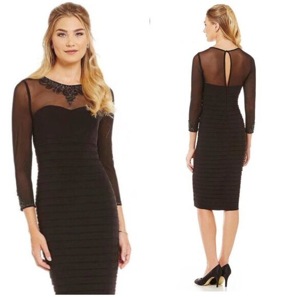 NWT Adrianna Papell Jewel Neck Jersey Tucked Long Sleeve Cocktail Dress $412 - Picture 1 of 12